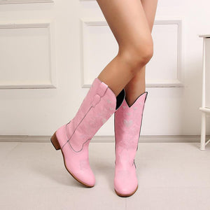 Women embroidered heart chunky heel slip on mid calf boots