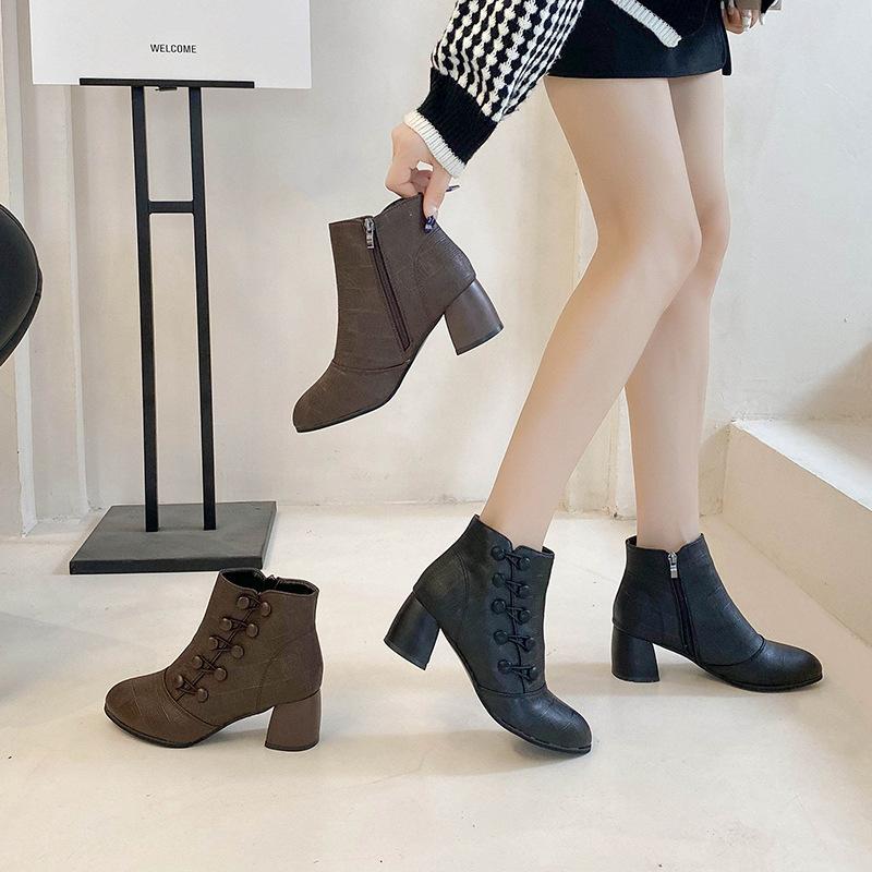 Women double breasted chunky heel side zipper ankle boots