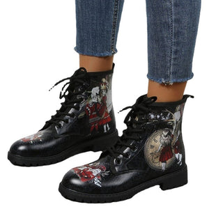 Women printed black boots chunky square low heel lace up ankle boots