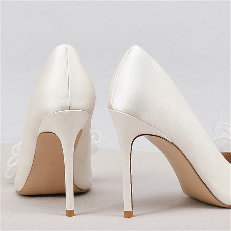 Women white rhinestone silk bowknot pointed toe stiletto high wedding heels