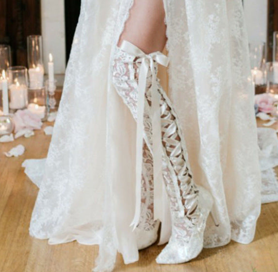 Women lace flower wedding boots | Knee high bowknot pointed toe stiletto high heel white boots