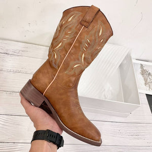 Women western cowgirl boots | Chunky heel embroidered mid calf boots | Fall slip on brown boots