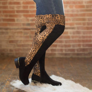 Women over the knee chunky heel leopard print boots