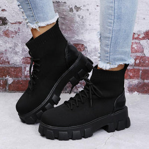 Women chunky platform fashion knit short lace up boots