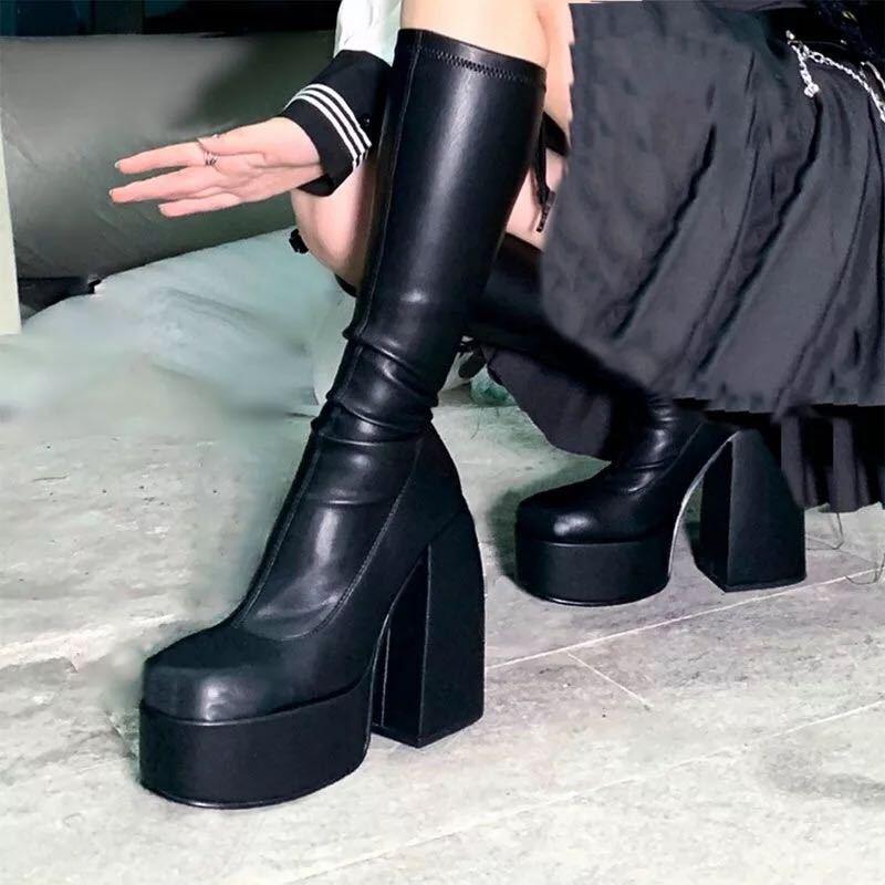 Women knee high black side zipper chunky high heel platform boots