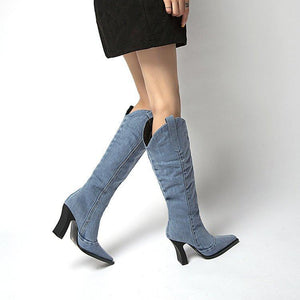 Women square toed chunky high heel denim knee high boots