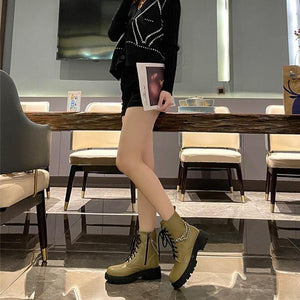 Women chain d¨¦cor chunky platform lace up short motorcycle boots