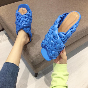 Women peep toe flat criss cross woven strap slide sandals