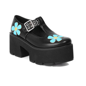 Women blue flower print chunky low heel platform marry jane loafers shoes