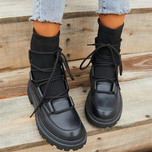 Women sock lace up chunky heel platform short black boots