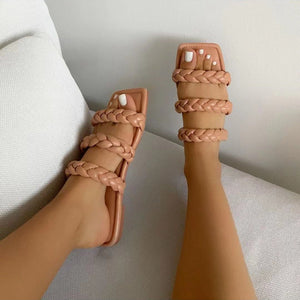 Women woven three strap square peep toe slide flat sandals