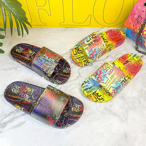 Women colorful printed summer peep toe flat slide sandals