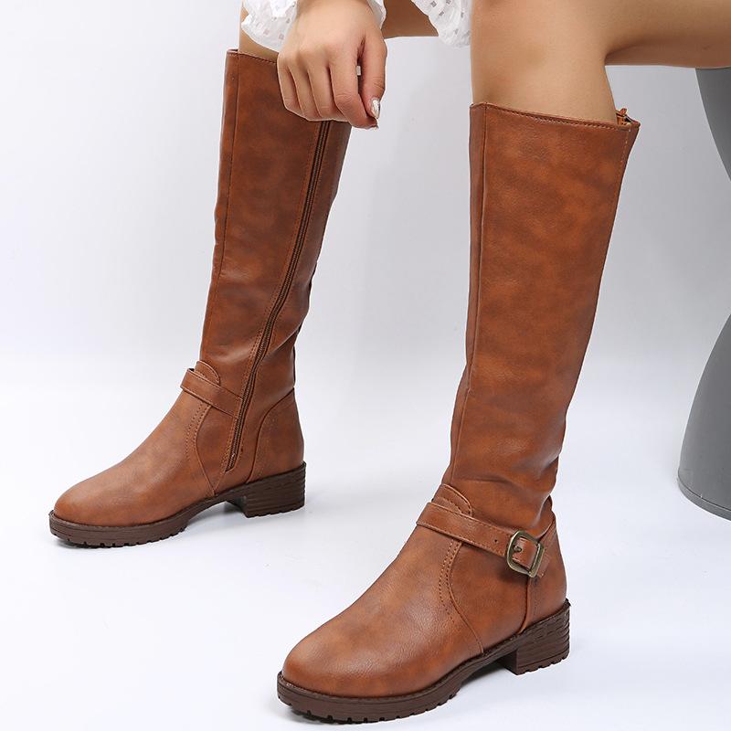 Women chunky heel buckle strap side zipper knee high boots