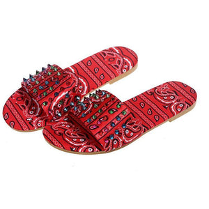 Women studded strap flower printed summer slide sandals