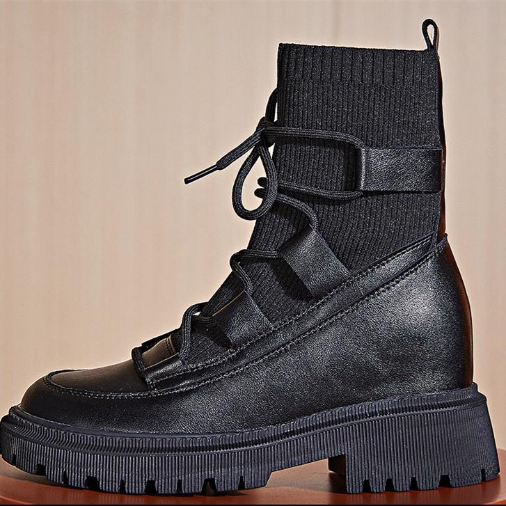 Women knit chunky heel platform lace up black short motorcycle boots