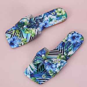 Women leaves printed bow strap square peep toe slide sandals