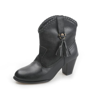 Women fringe short slip on chunky heel boots