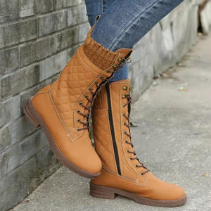 Women winter lace up side zipper medium chunky heel mid calf boots