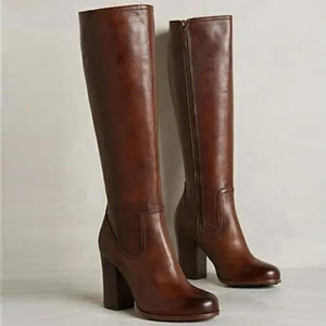 Women fashion chunky high heel side zipper brown boots