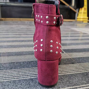 Women studded criss cross buckle strap chunky heel ankle boots