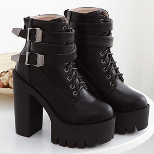 Women chunky high heel buckle strap short black platform boots
