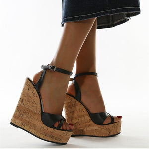 Women criss cross peep toe platform ankle buckle strap high wedge heels