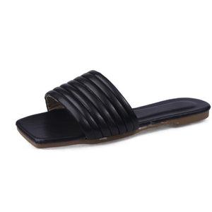 Women summer beach square toe one strap slide flat sandals