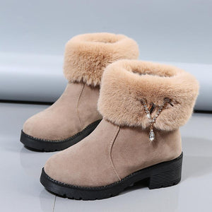 Women chunky heel rhinestone pendant faux fur short snow boots