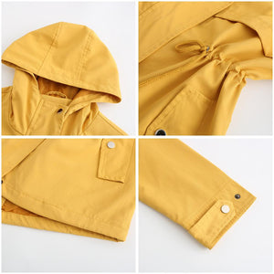 Women hoodie waist laces outdoor trench coat with pockets