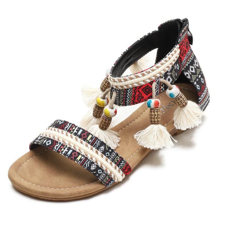 Women bohemian fringe travel holiday slip on flat sandals