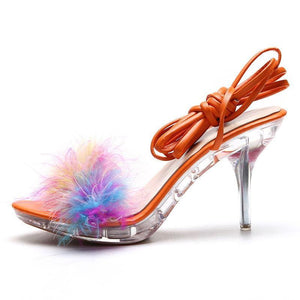 Women peep toe strappy lace up stiletto high fur heels