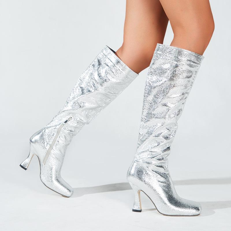 Women square toed sequin stiletto high heel knee high boots