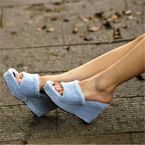 Women's peep toe plush platform wedge slippers | Winter fashion indoor shoes