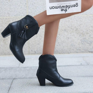 Women fringe short slip on chunky heel boots