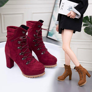 Women studded lace up platform chunky heeled booties