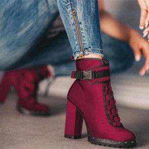 Women studded chunky high heel buckle strap ankle boots