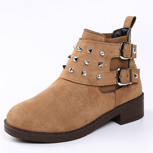 Women studded buckle strap chunky heel slip on short boots