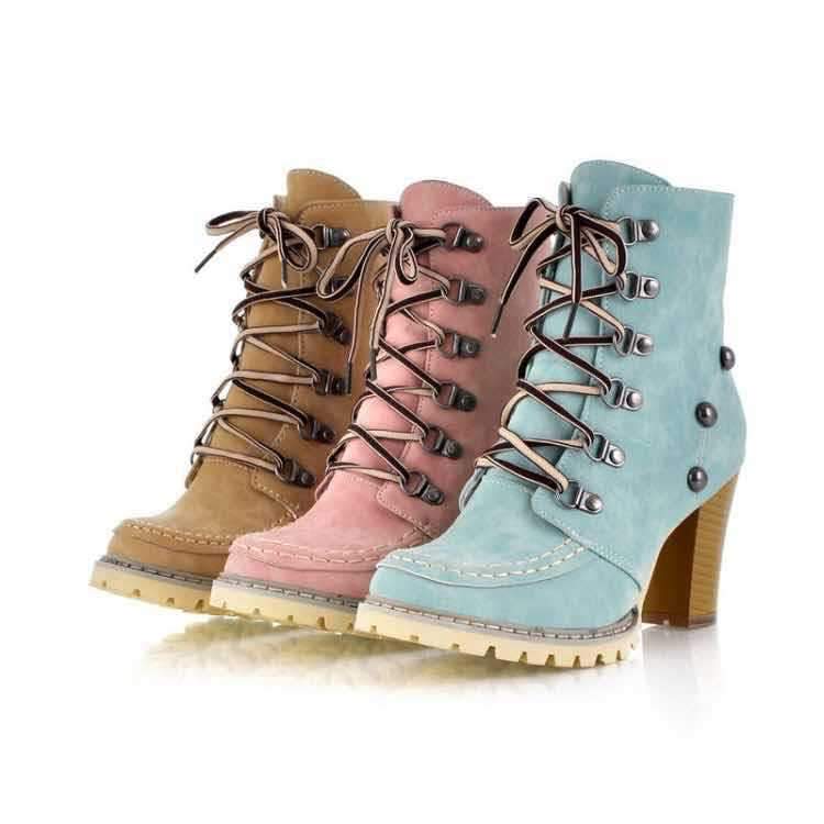 Women studded lace up chunky high heel boots