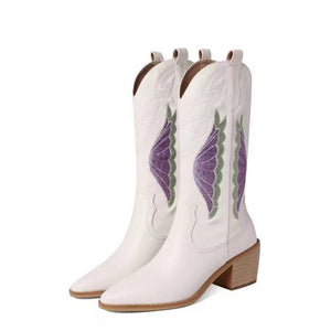 Women mid calf boots embroidery pointed toe slip on chunky heel boots