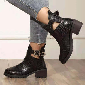 Women chunky heel front zipper buckle strap ankle boots