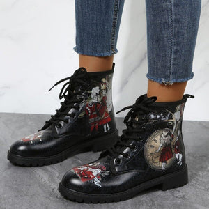 Women printed black boots chunky square low heel lace up ankle boots