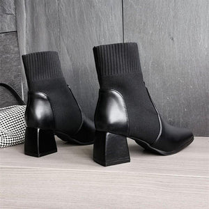 Women knit solid color chunky heel round toe short boots