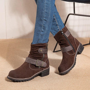 Women buckle strap chunky heel side zipper short boots