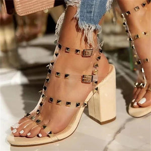 Women studded clear strappy sexy slingback chunky heels