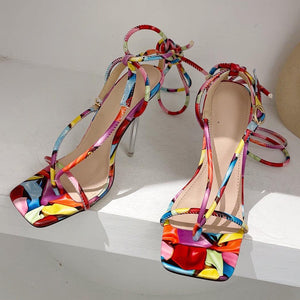 Women stiletto square toe buckle colorful strappy lace up heels