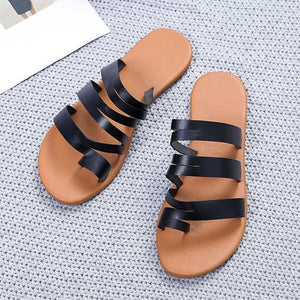 Women summer beach ring toe strappy slide flat sandals