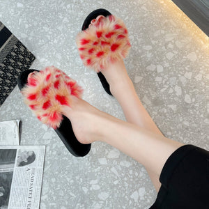 Women's colorful patchwork fuzzy slippers indoor shoes