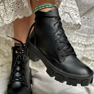Women new short lace up chunky heel platform boots
