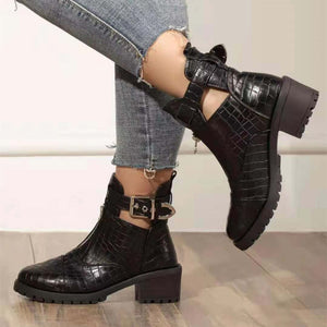 Women chunky heel front zipper buckle strap ankle boots