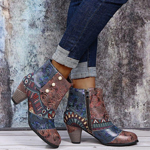 Women retro flowers printed side zipper chunky high heeled booties